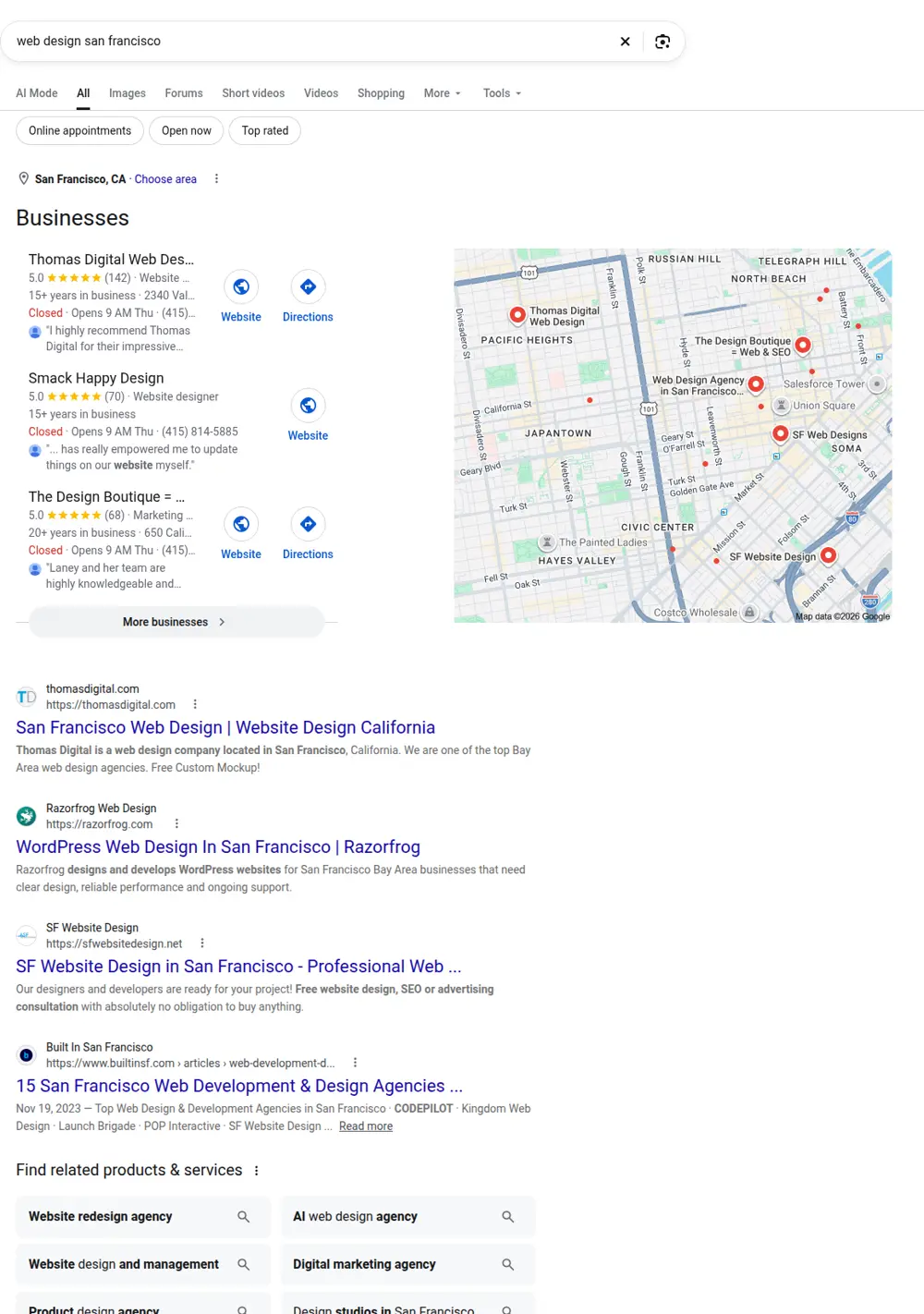 Top Google results for web design san francisco, searched from San Francisco, California