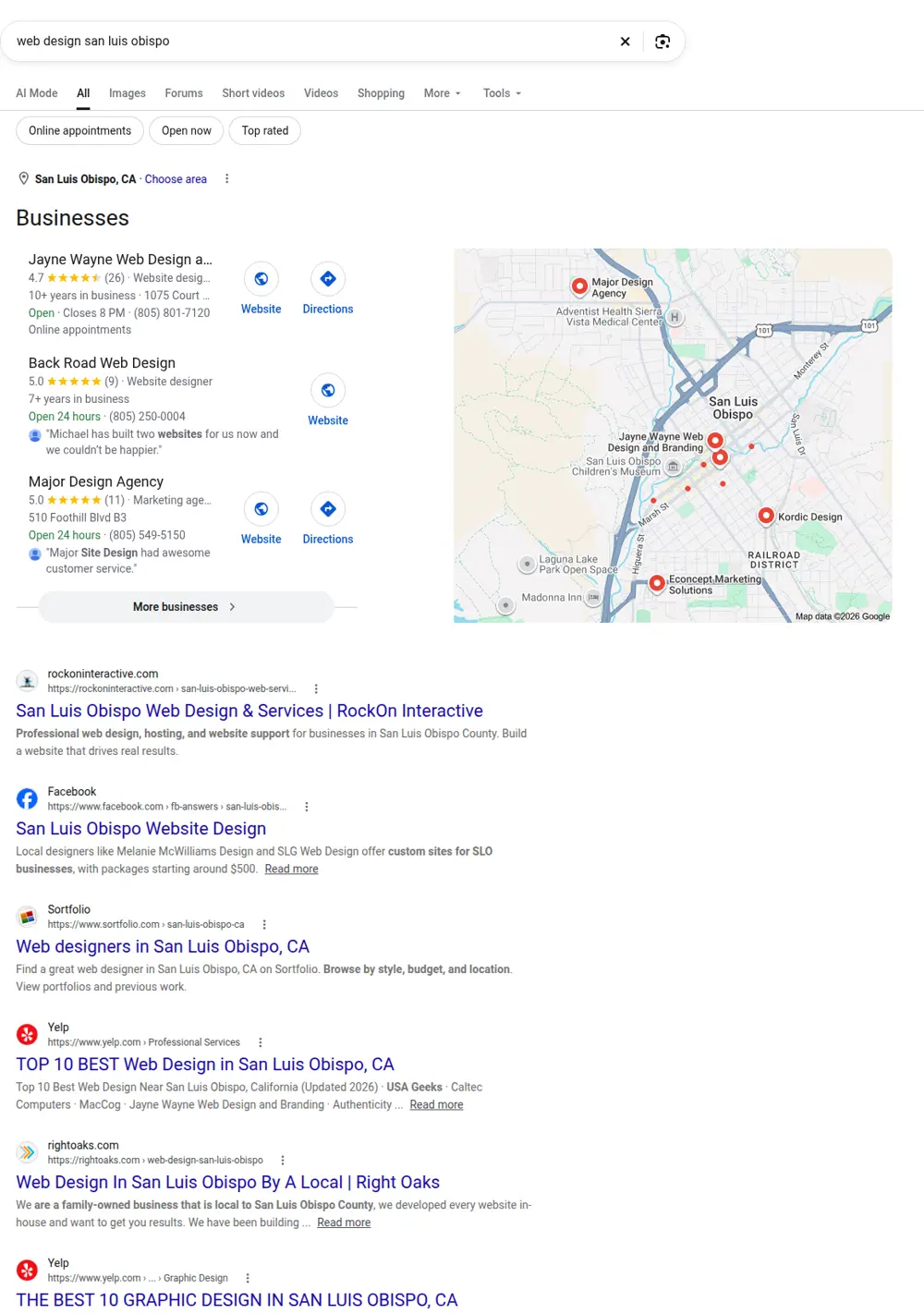 Top Google results for web design san luis obispo, searched from San Luis Obispo, California