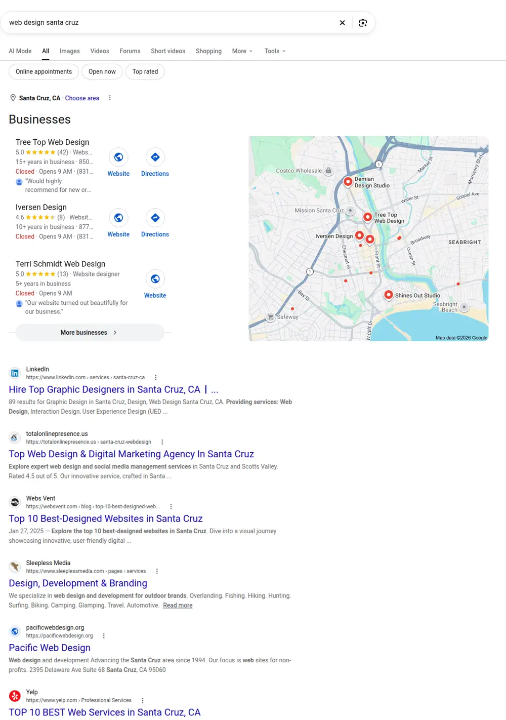 Top Google results for web design santa cruz, searched from Santa Cruz, California