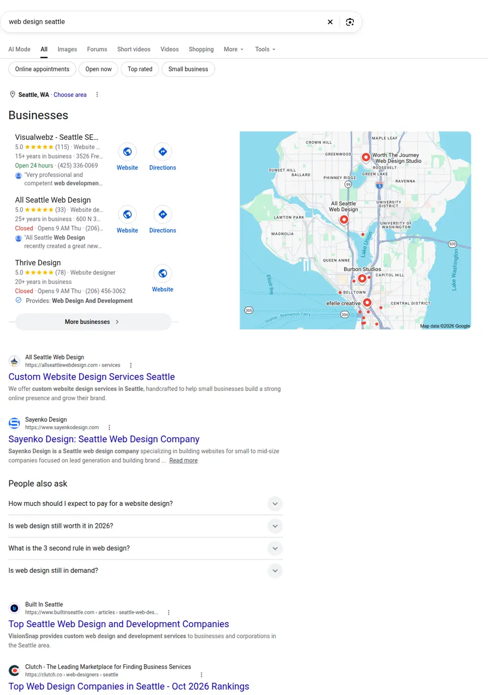 Top Google results for web design seattle, searched from Seattle, Washington