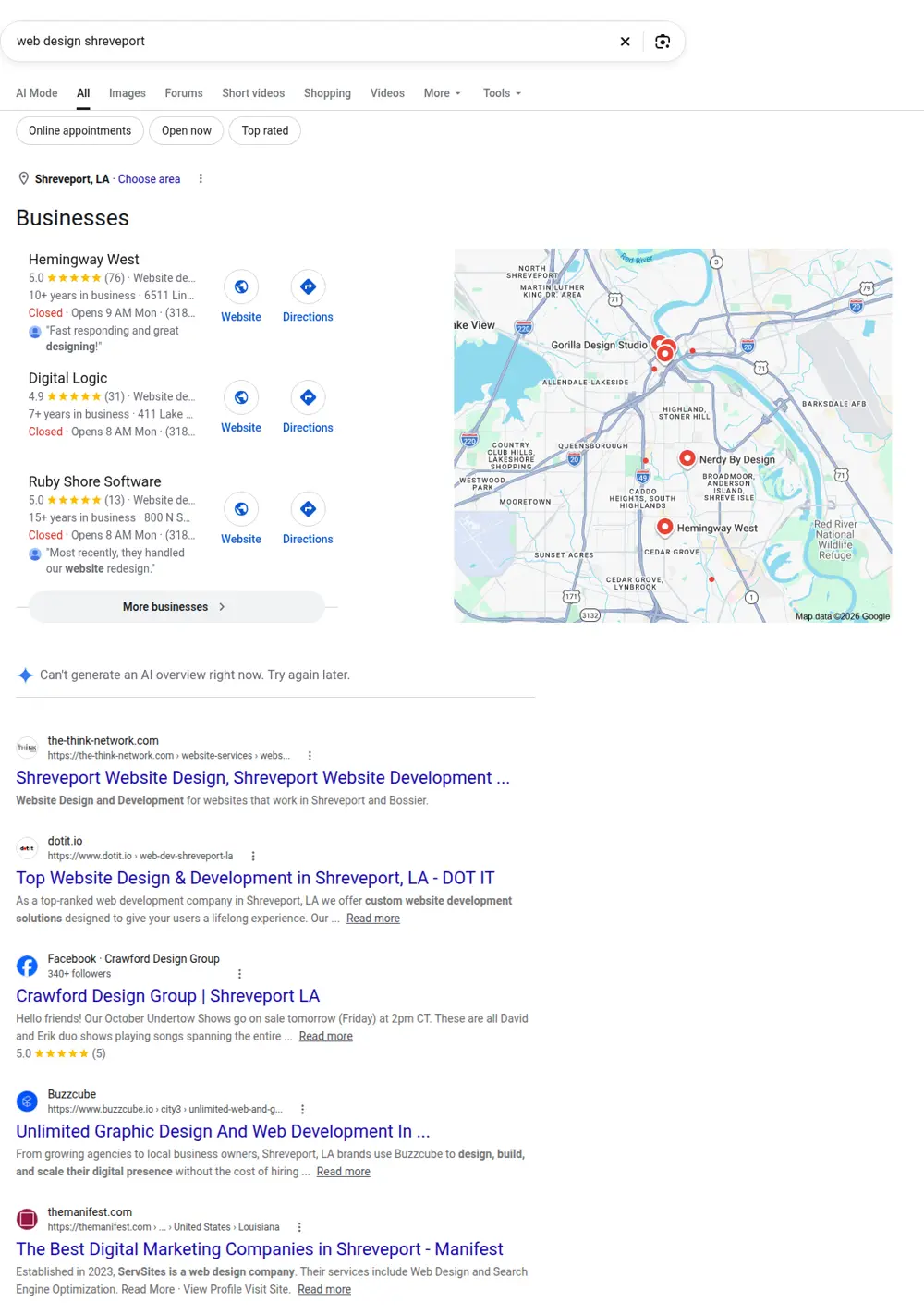 Top Google results for web design shreveport, searched from Shreveport, Louisiana