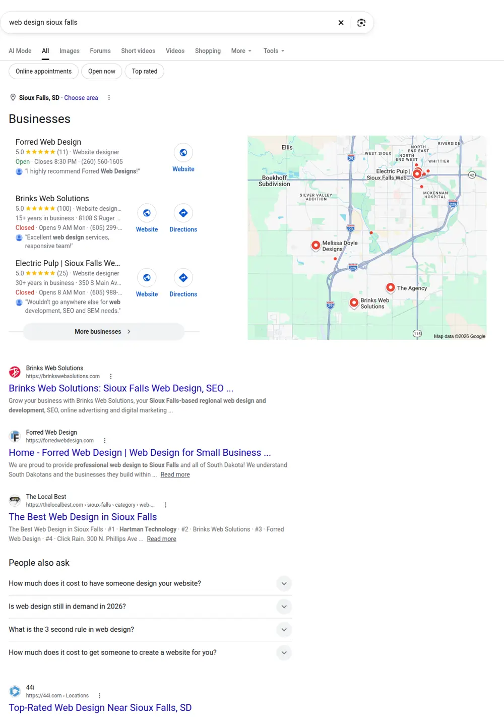 Top Google results for web design sioux falls, searched from Sioux Falls, South Dakota