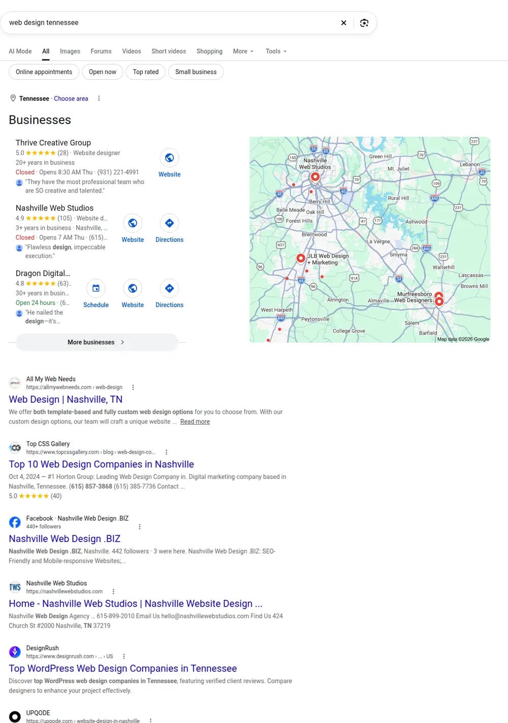 Top Google results for web design tennessee, searched from Tennessee