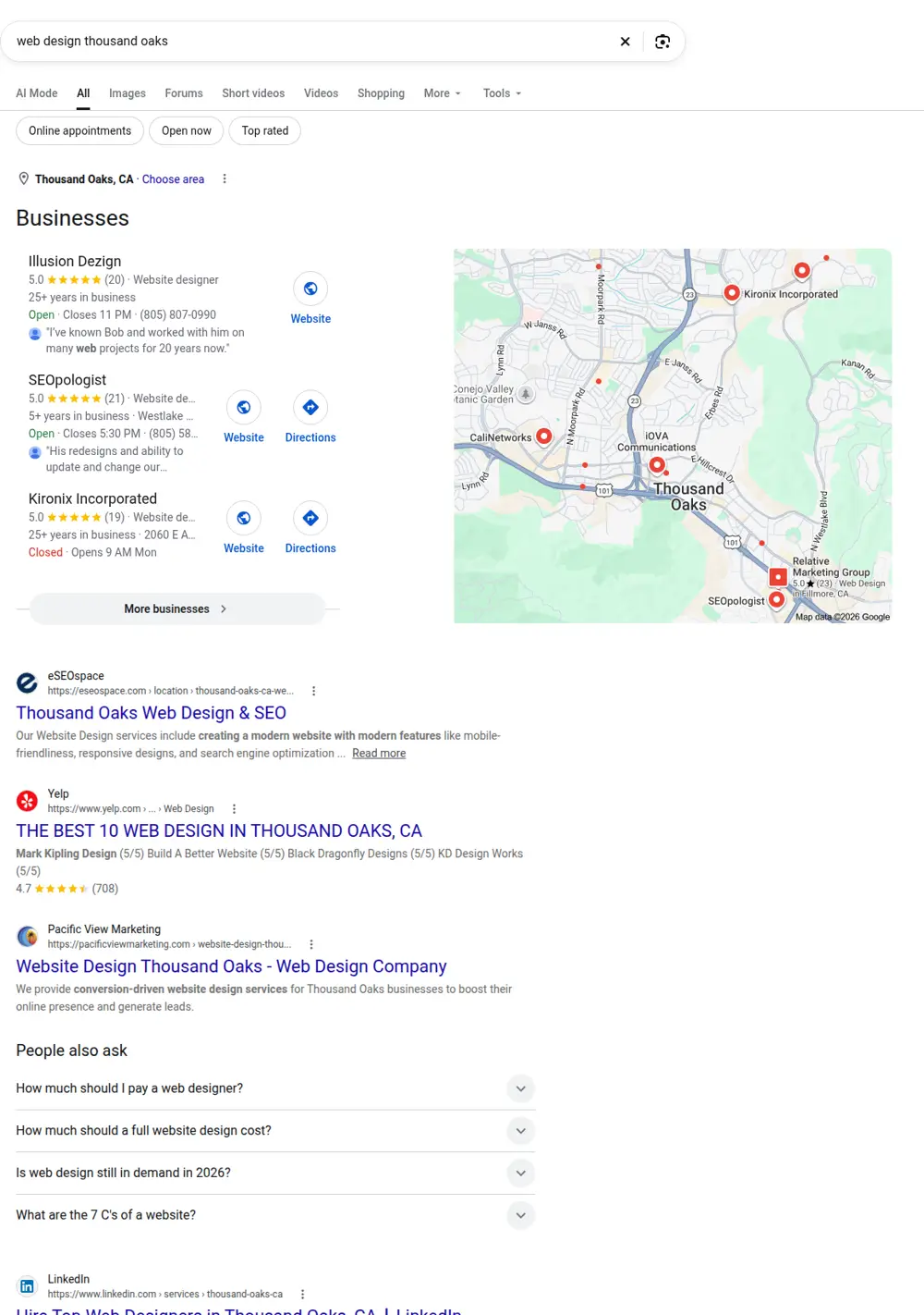 Top Google results for web design thousand oaks, searched from Thousand Oaks, California
