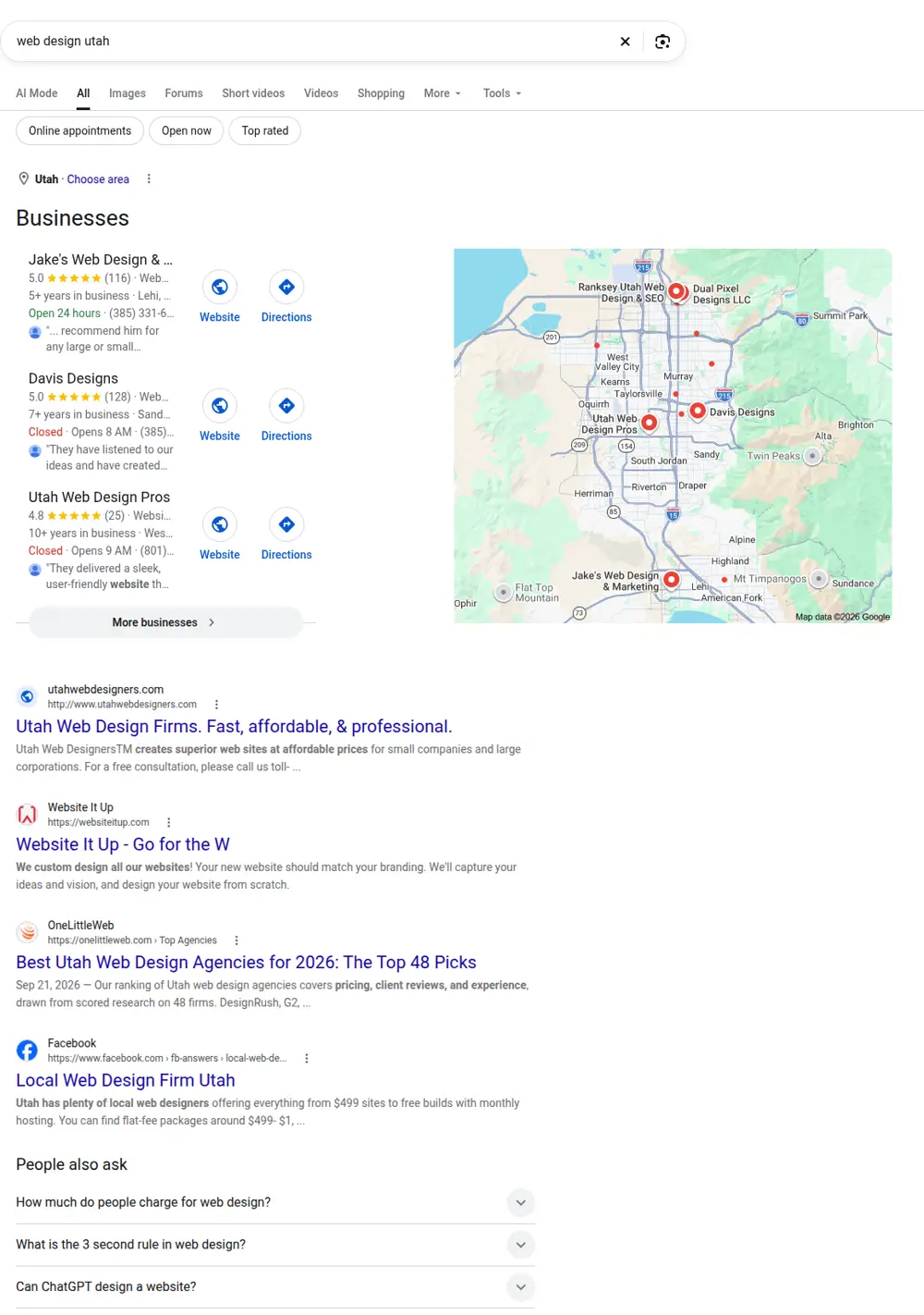 Top Google results for web design utah, searched from Utah