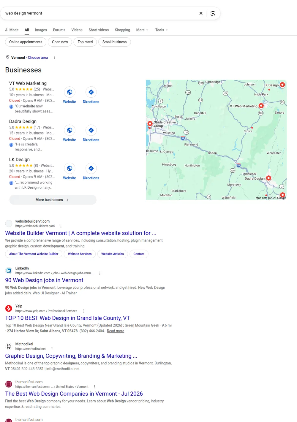 Top Google results for web design vermont, searched from Vermont