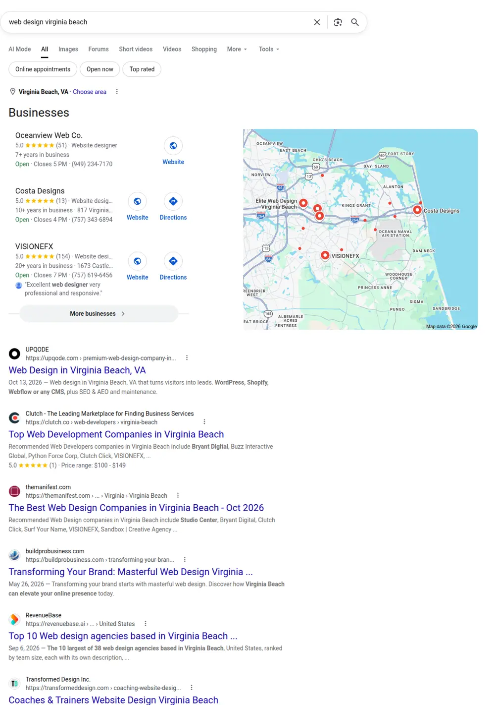 Top Google results for web design virginia beach, searched from Virginia Beach, Virginia