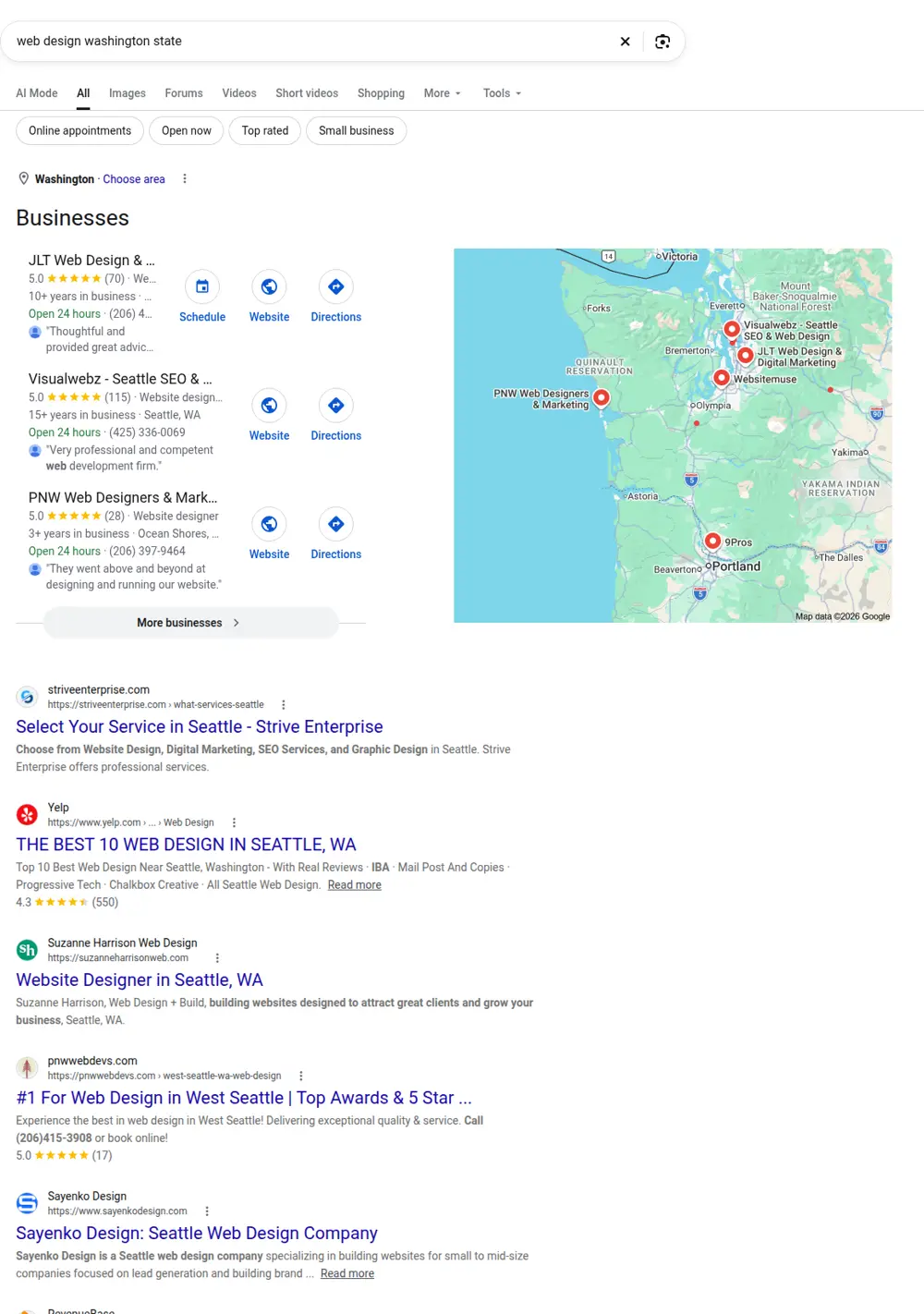 Top Google results for web design washington state, searched from Washington