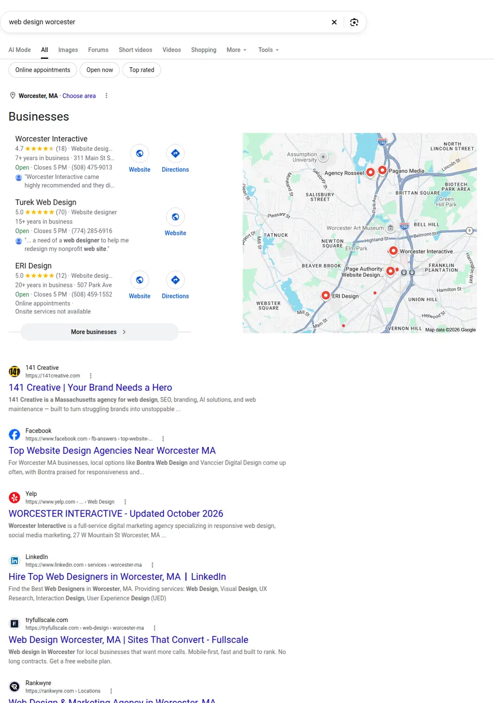 Top Google results for web design worcester, searched from Worcester, Massachusetts