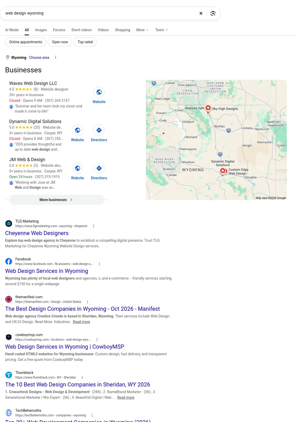 Top Google results for web design wyoming, searched from Wyoming