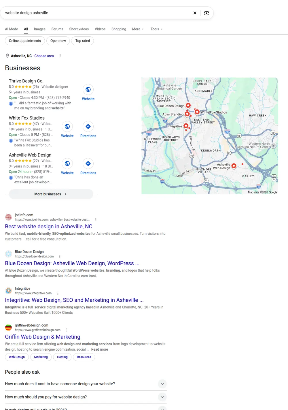 Top Google results for website design asheville, searched from Asheville, North Carolina
