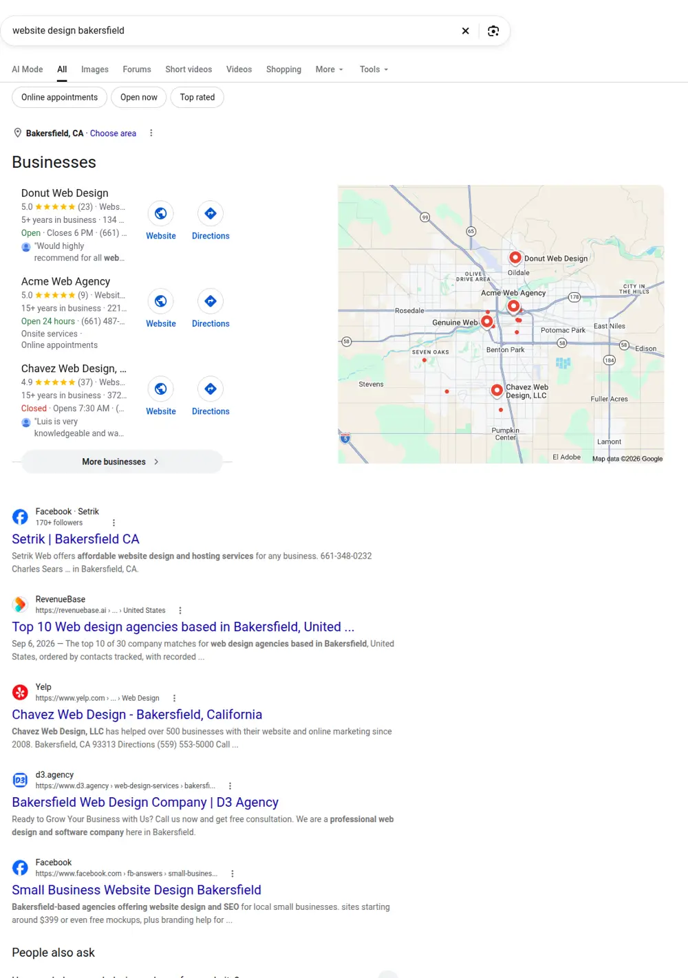 Top Google results for website design bakersfield, searched from Bakersfield, California