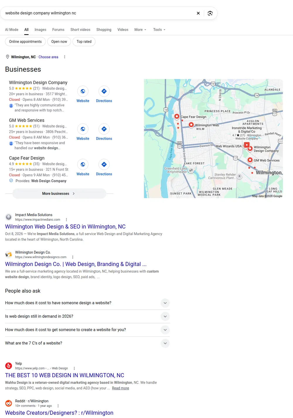Top Google results for website design company wilmington nc, searched from Wilmington, North Carolina