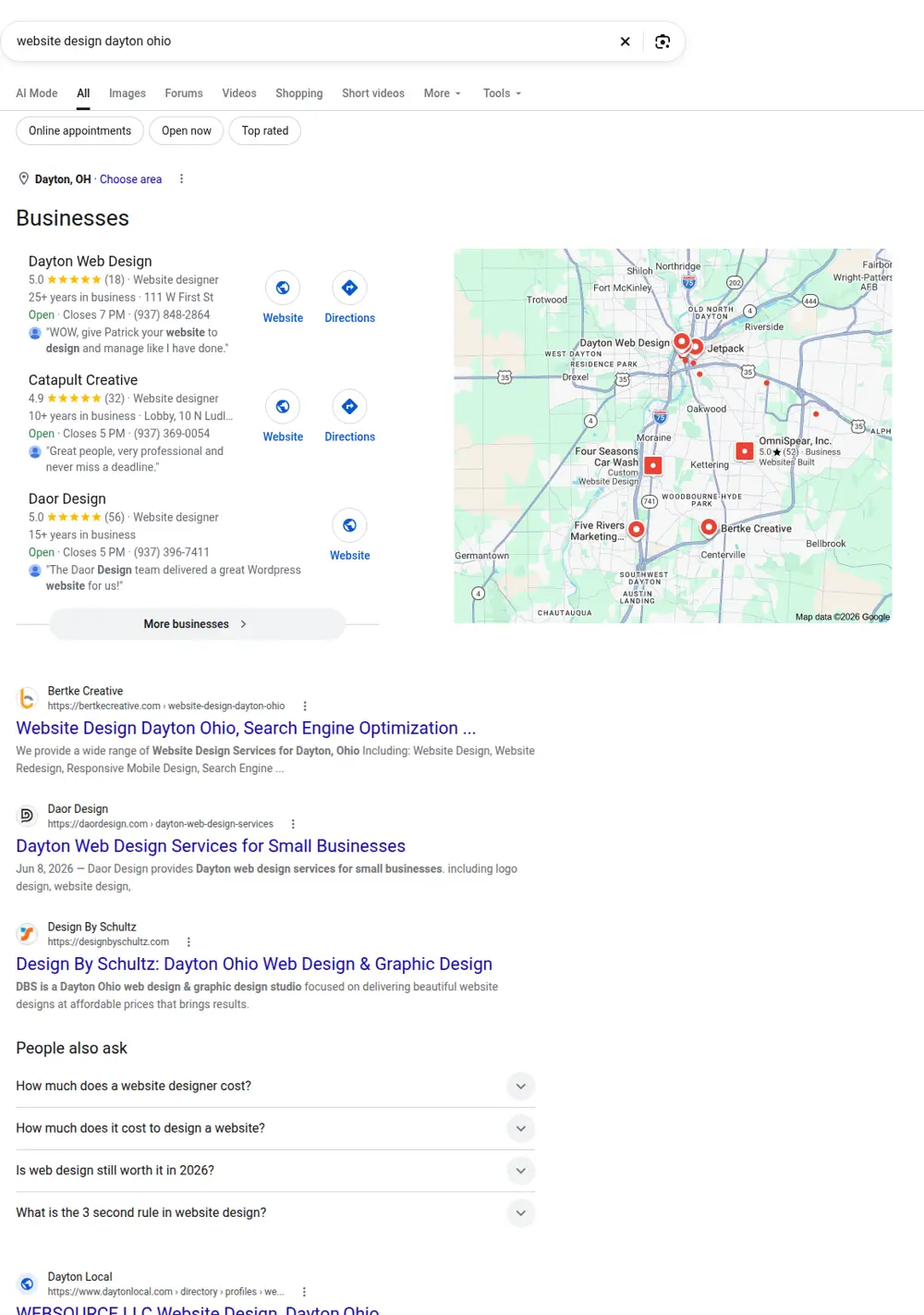 Top Google results for website design dayton ohio, searched from Dayton, Ohio