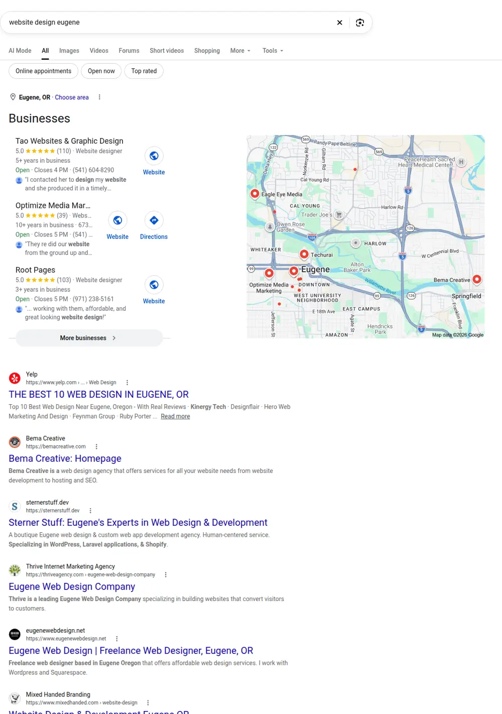 Top Google results for website design eugene, searched from Eugene, Oregon
