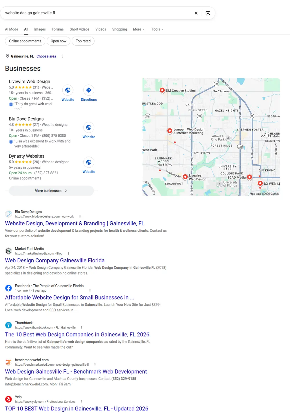 Top Google results for website design gainesville fl, searched from Gainesville, Florida