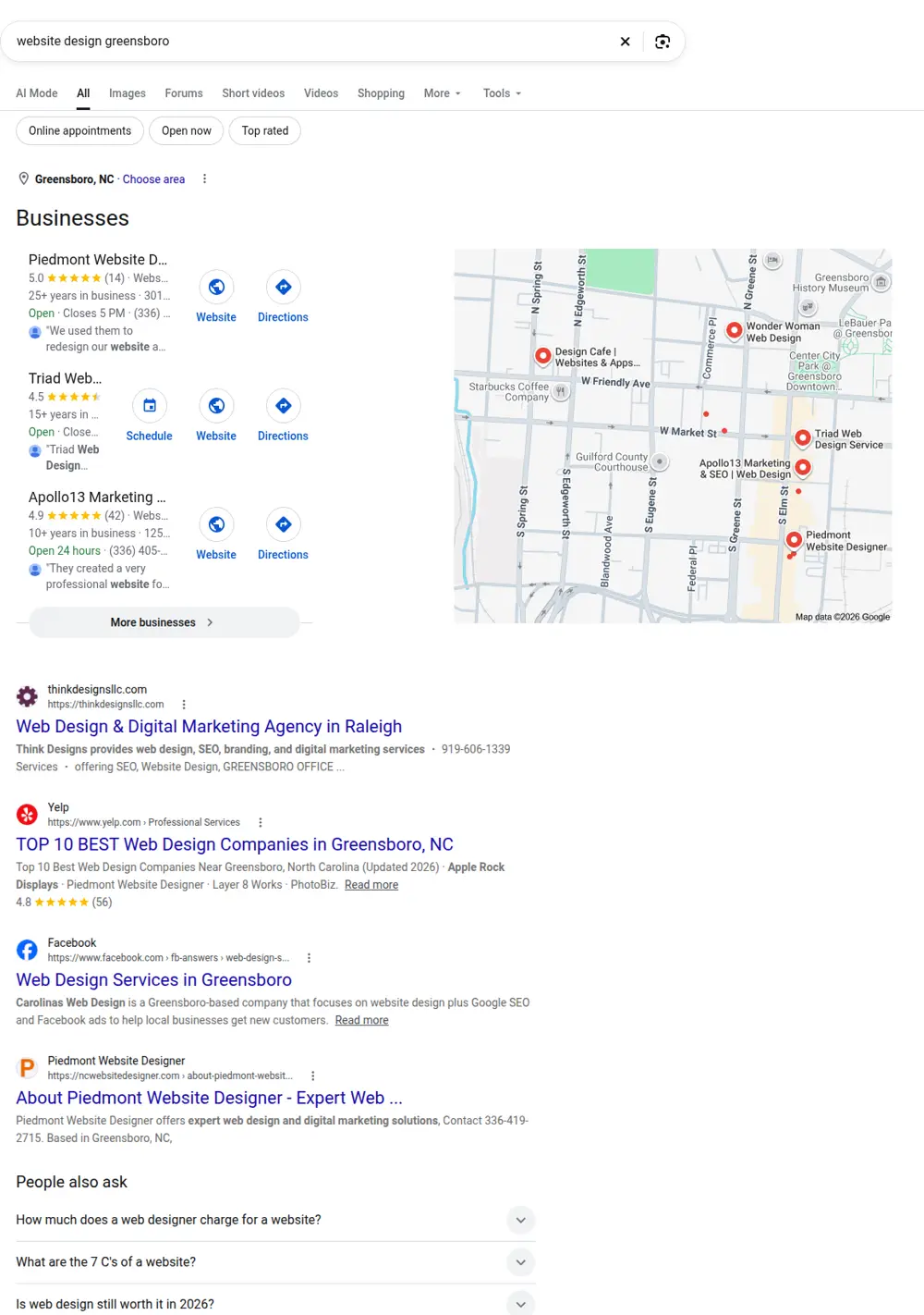 Top Google results for website design greensboro, searched from Greensboro, North Carolina