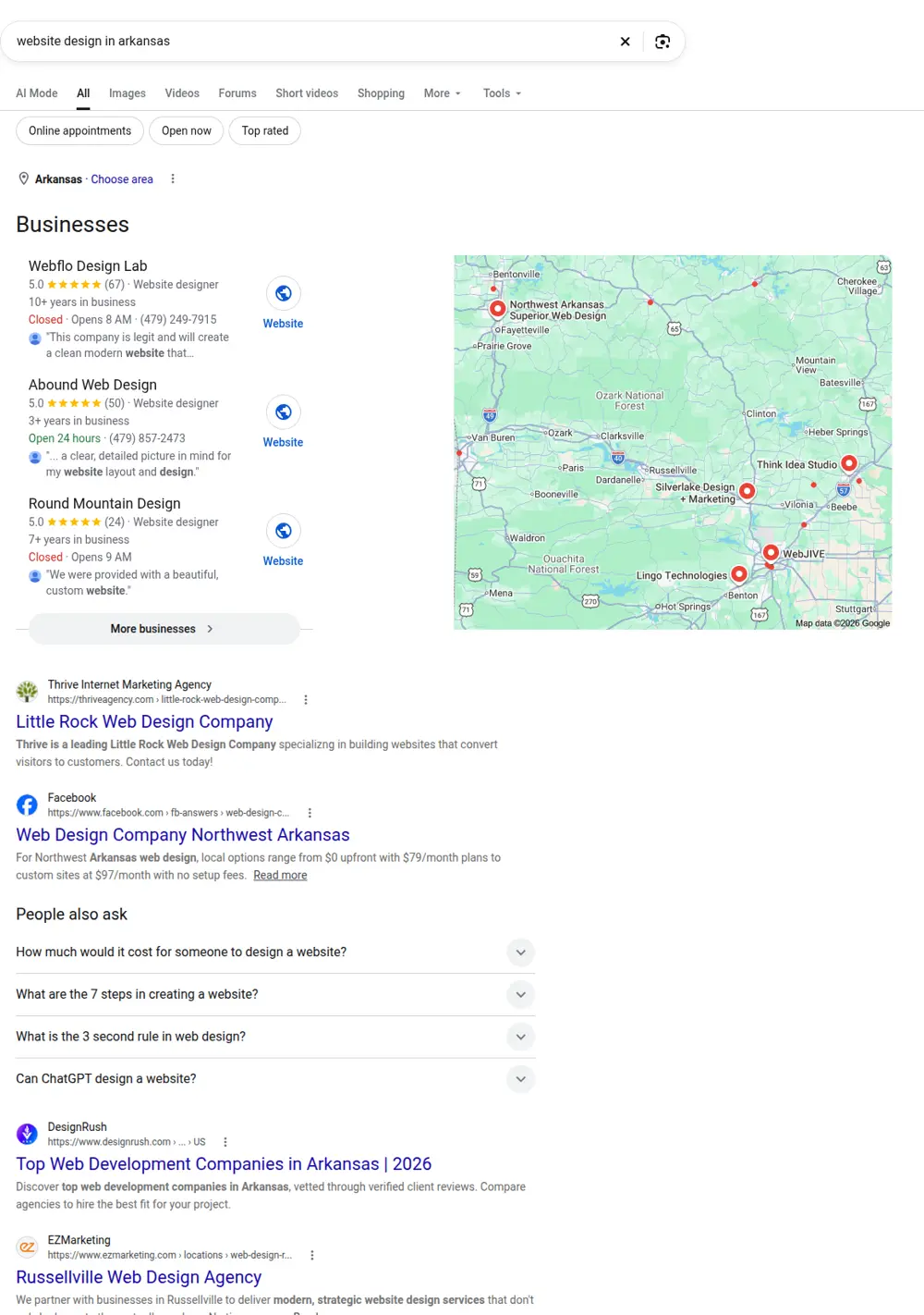 Top Google results for website design in arkansas, searched from Arkansas