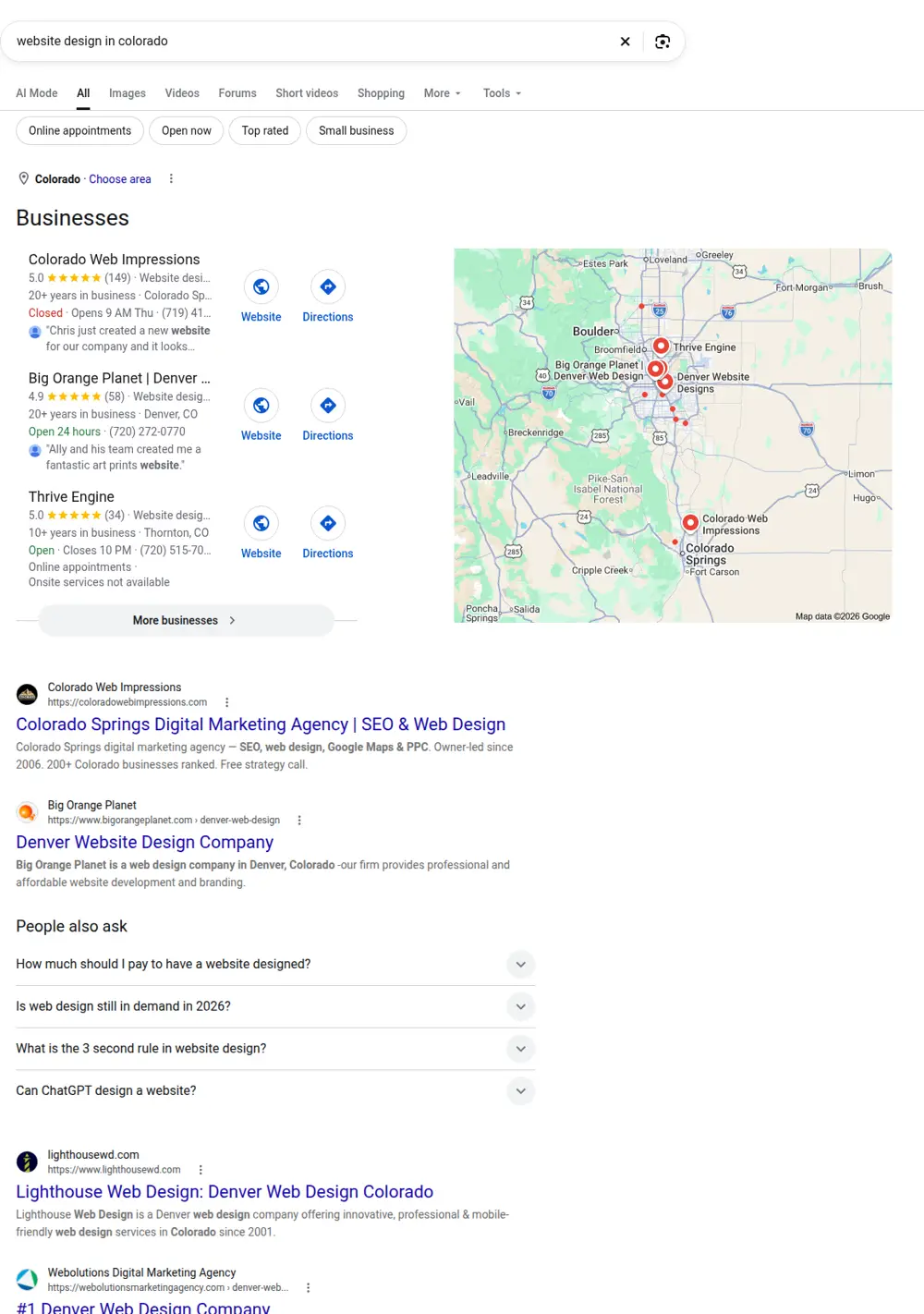 Top Google results for website design in colorado, searched from Colorado