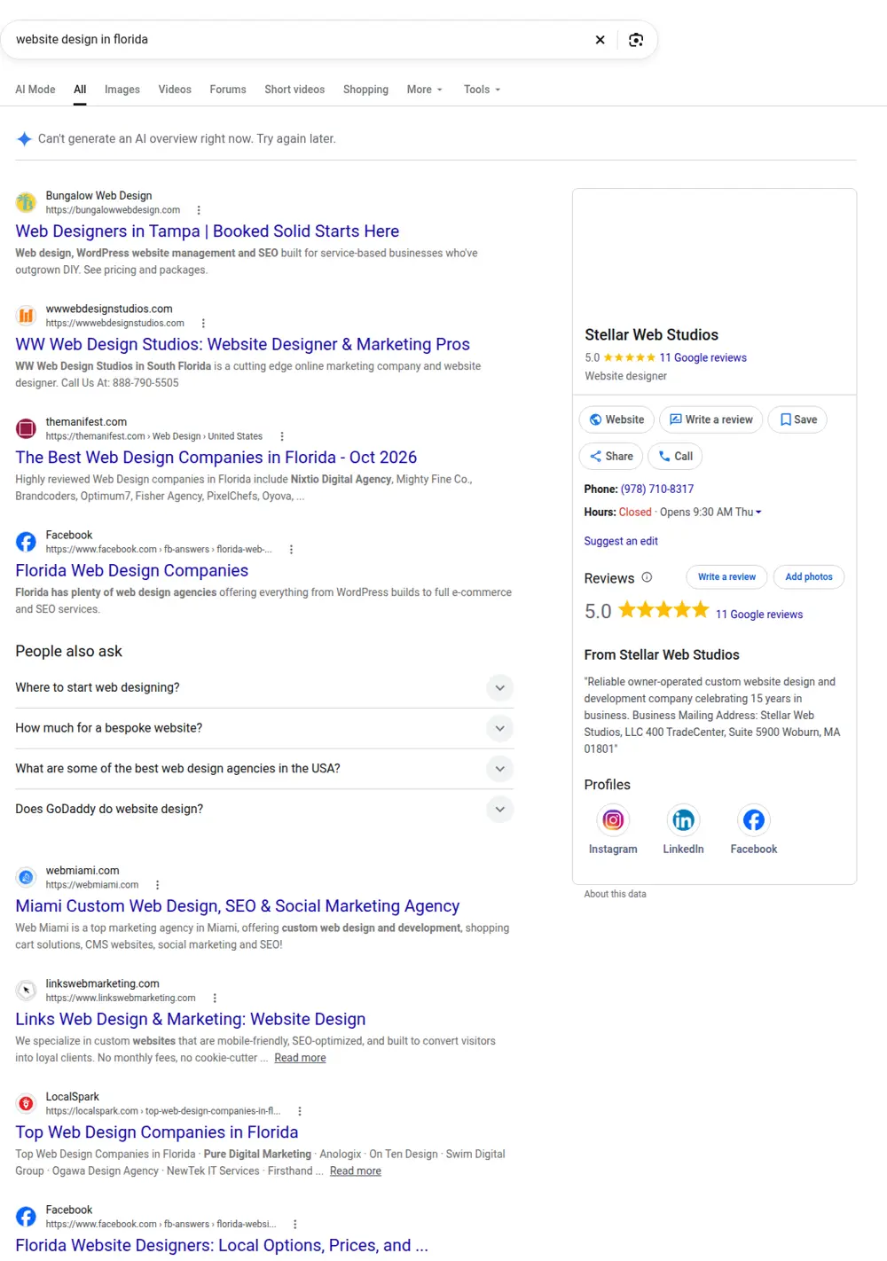 Top Google results for website design in florida, searched from Florida