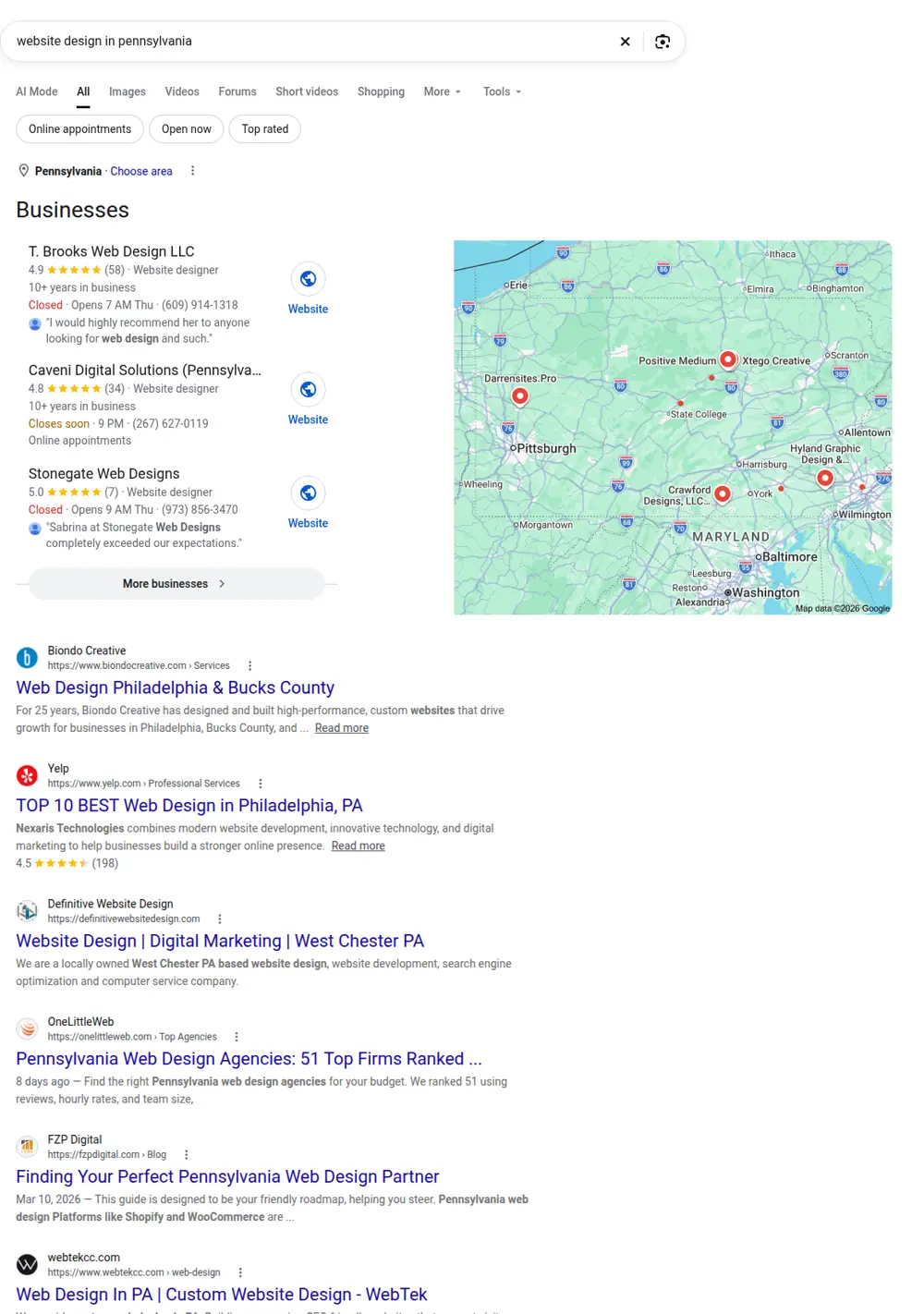 Top Google results for website design in pennsylvania, searched from Pennsylvania