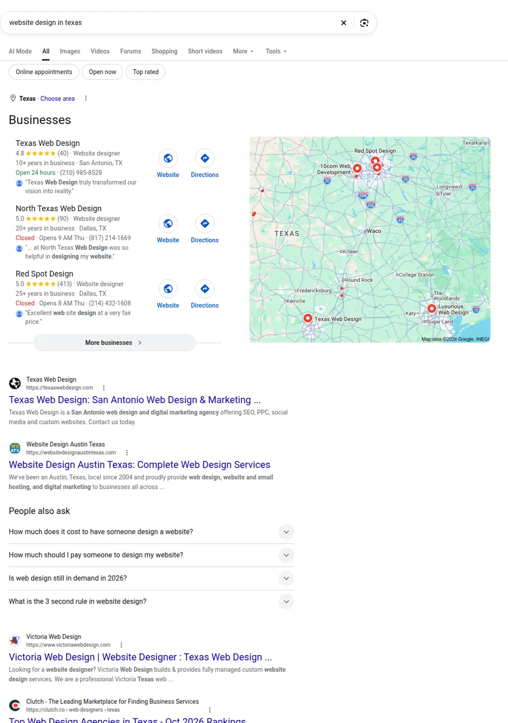 Top Google results for website design in texas, searched from Texas
