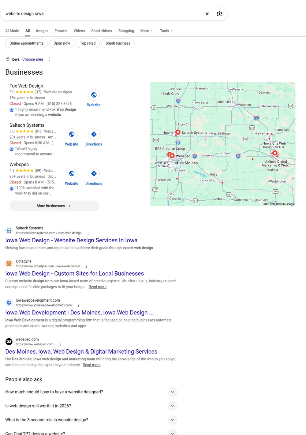Top Google results for website design iowa, searched from Iowa