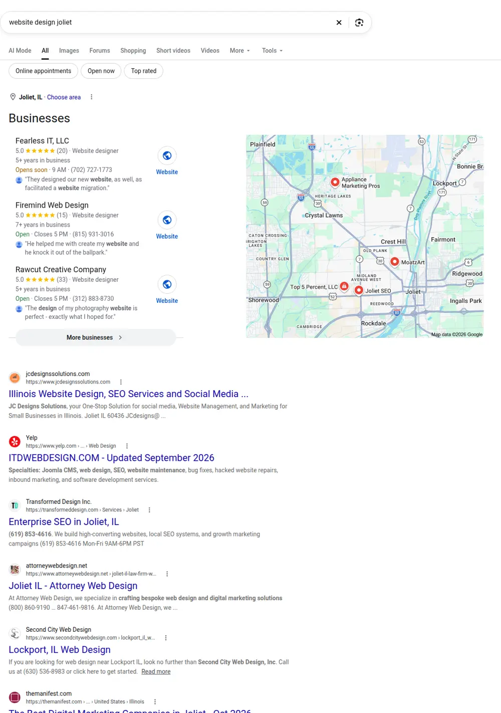 Top Google results for website design joliet, searched from Joliet, Illinois