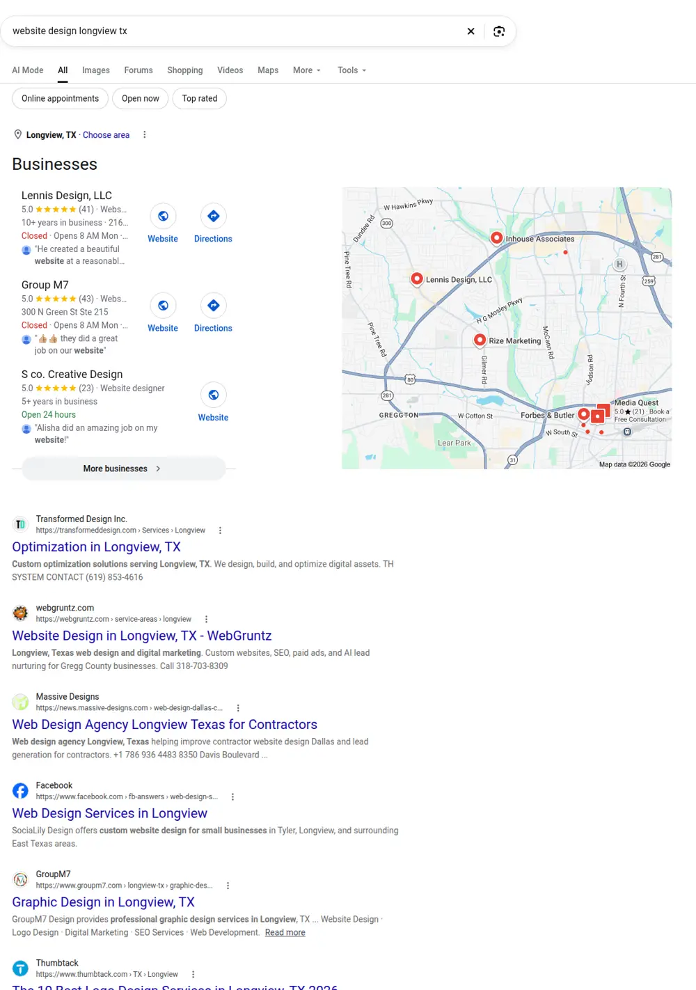Top Google results for website design longview tx, searched from Longview, Texas