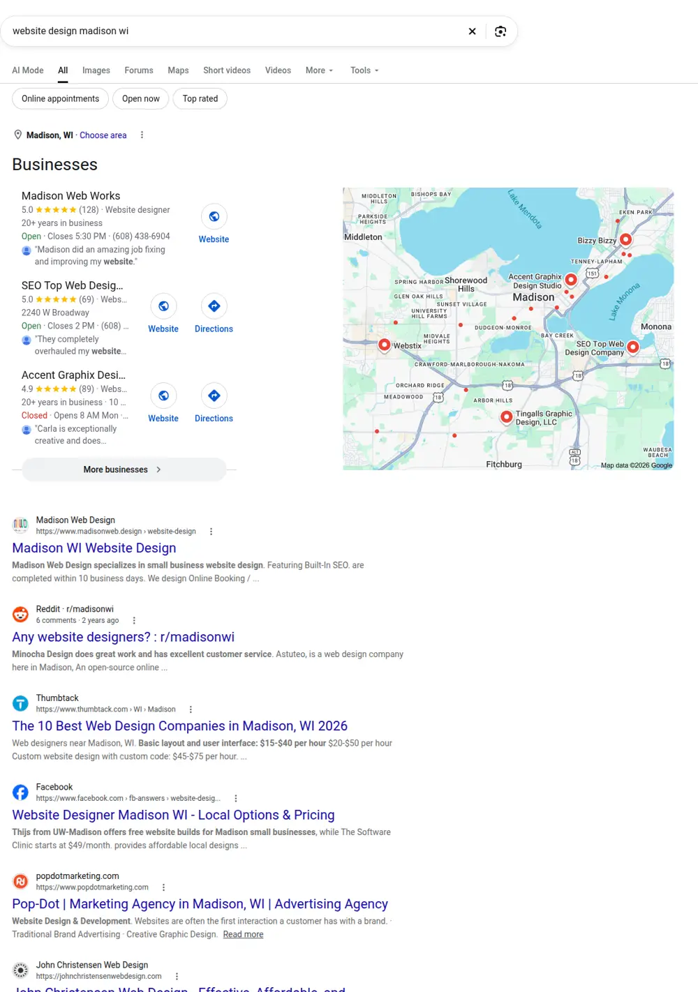 Top Google results for website design madison wi, searched from Madison, Wisconsin