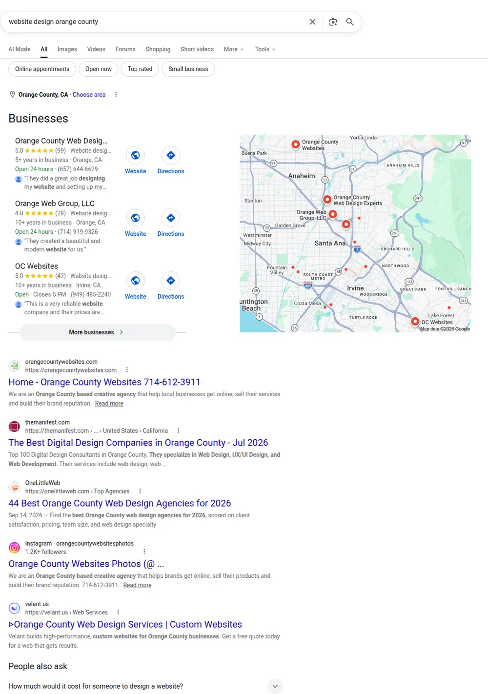 Top Google results for website design orange county, searched from Orange County, California