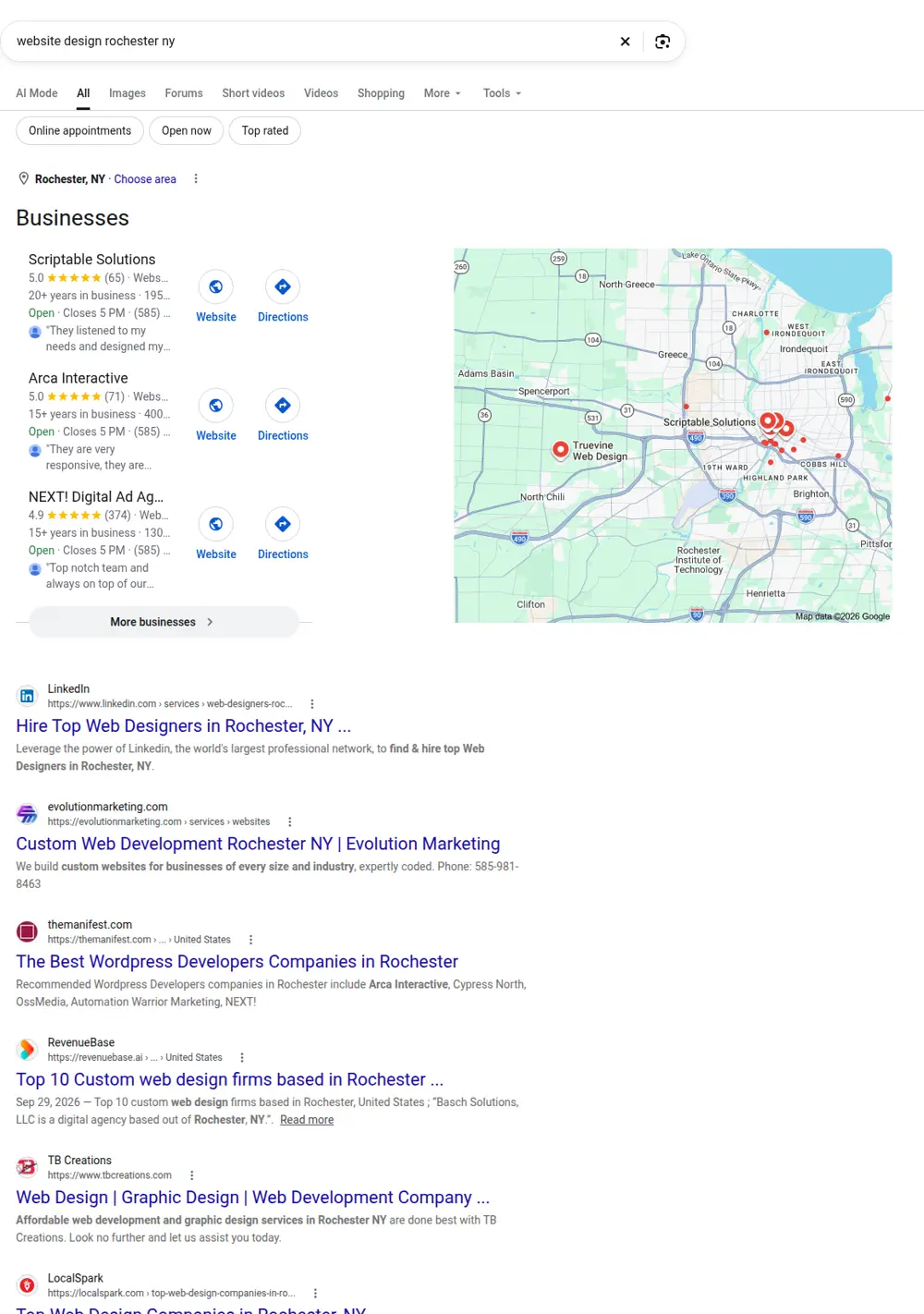 Top Google results for website design rochester ny, searched from Rochester, New York