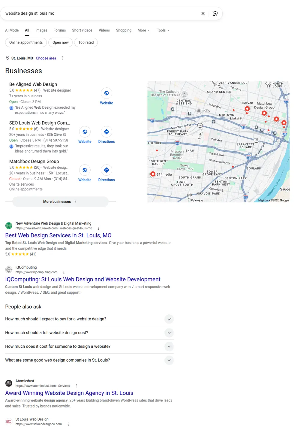 Top Google results for website design st louis mo, searched from St. Louis, Missouri