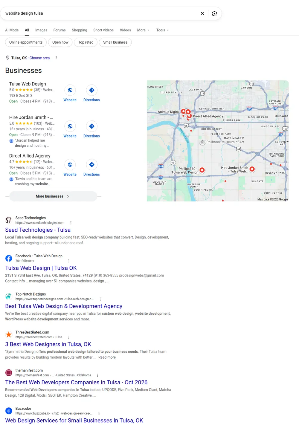 Top Google results for website design tulsa, searched from Tulsa, Oklahoma