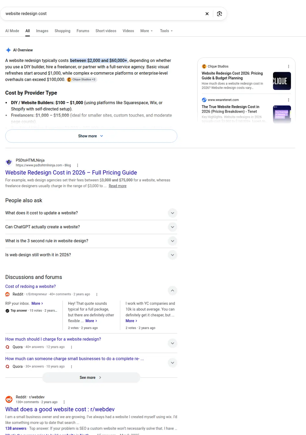 Top Google results for website redesign cost, searched from United States