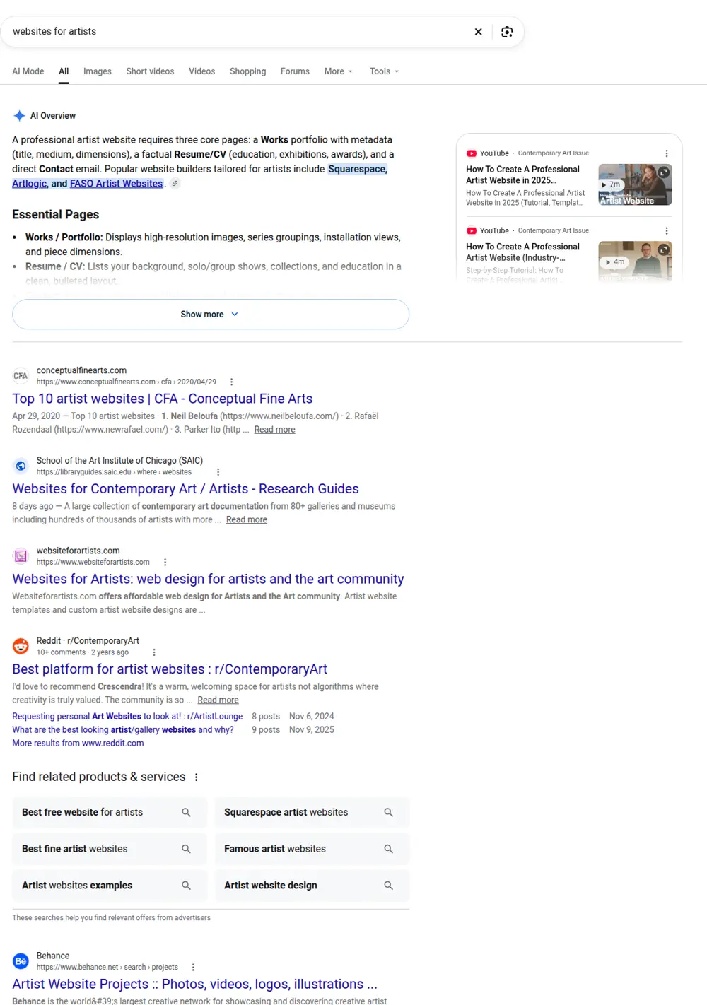 Top Google results for websites for artists, searched from United States