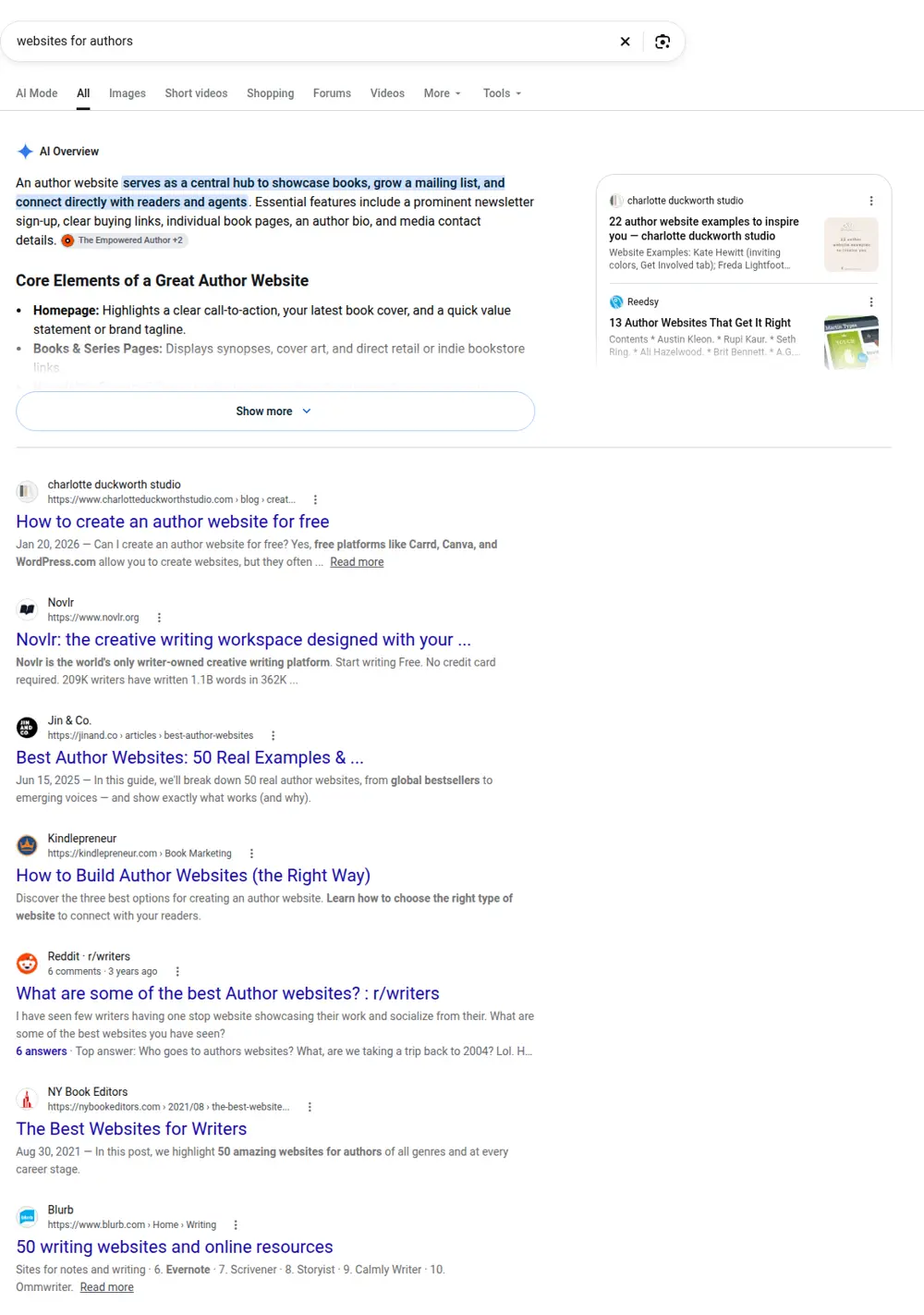 Top Google results for websites for authors, searched from United States