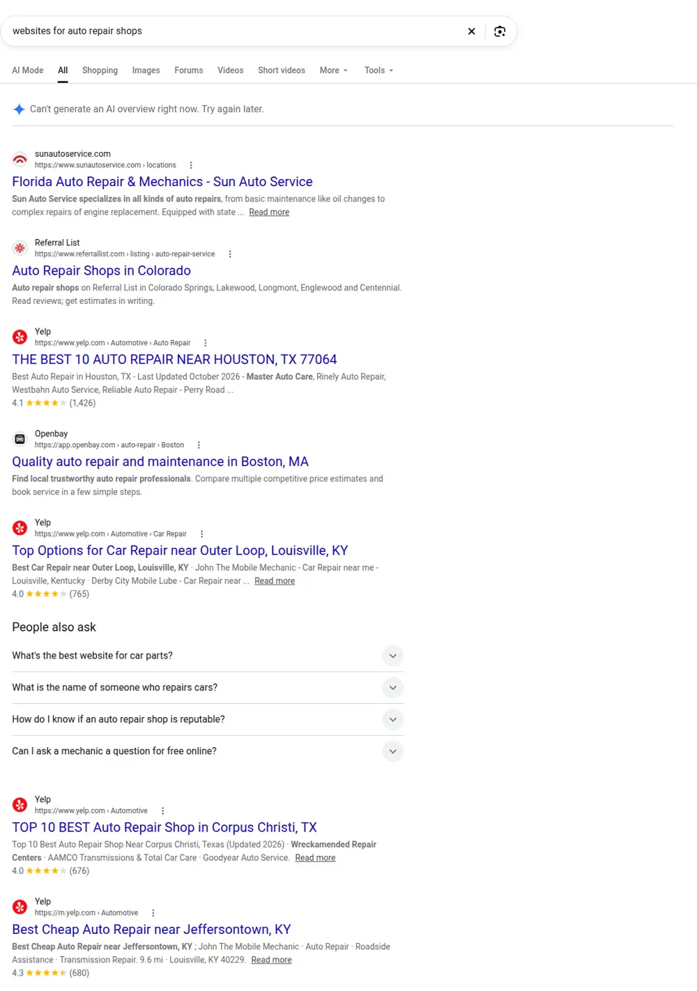Top Google results for websites for auto repair shops, searched from United States