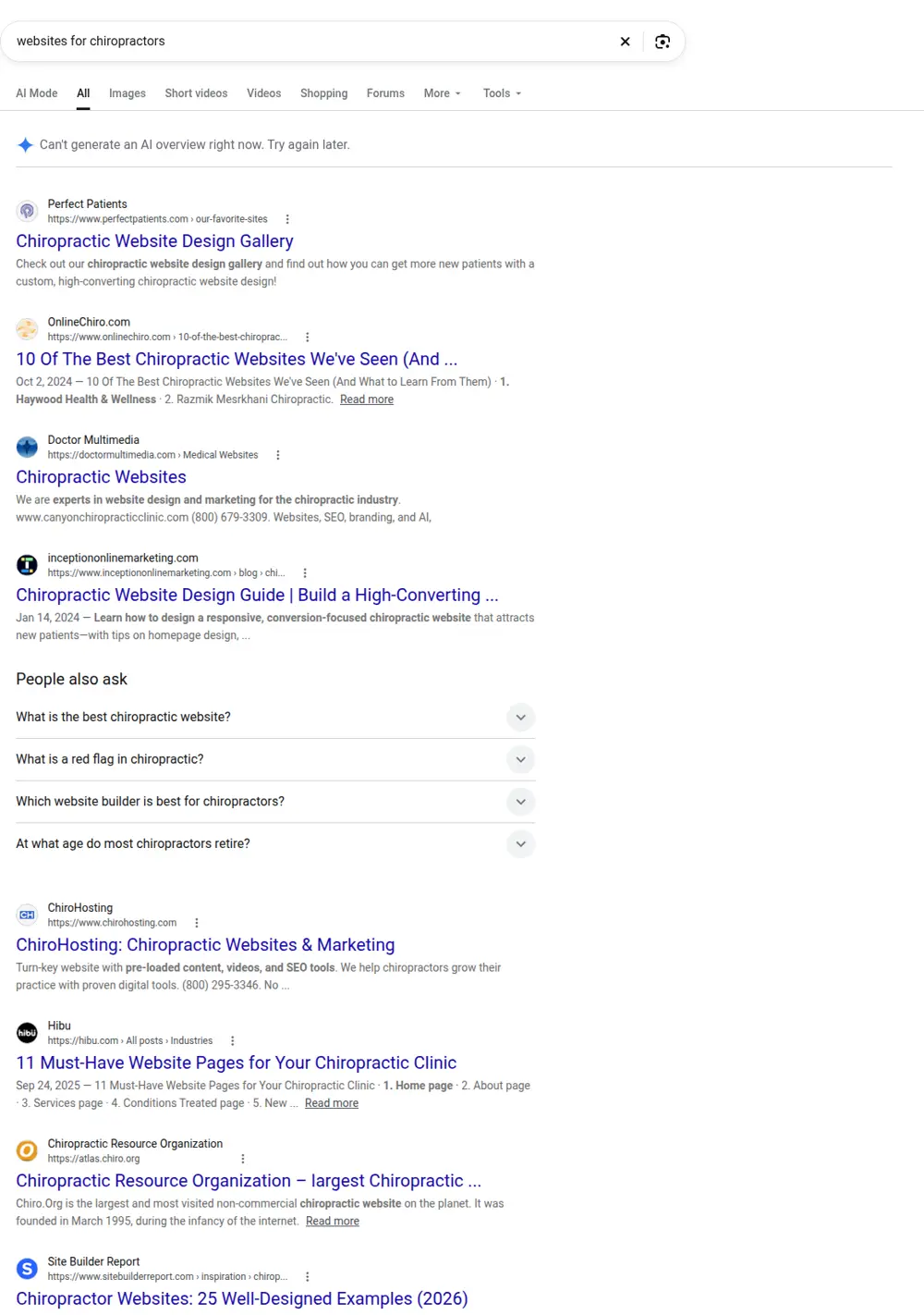 Top Google results for websites for chiropractors, searched from United States