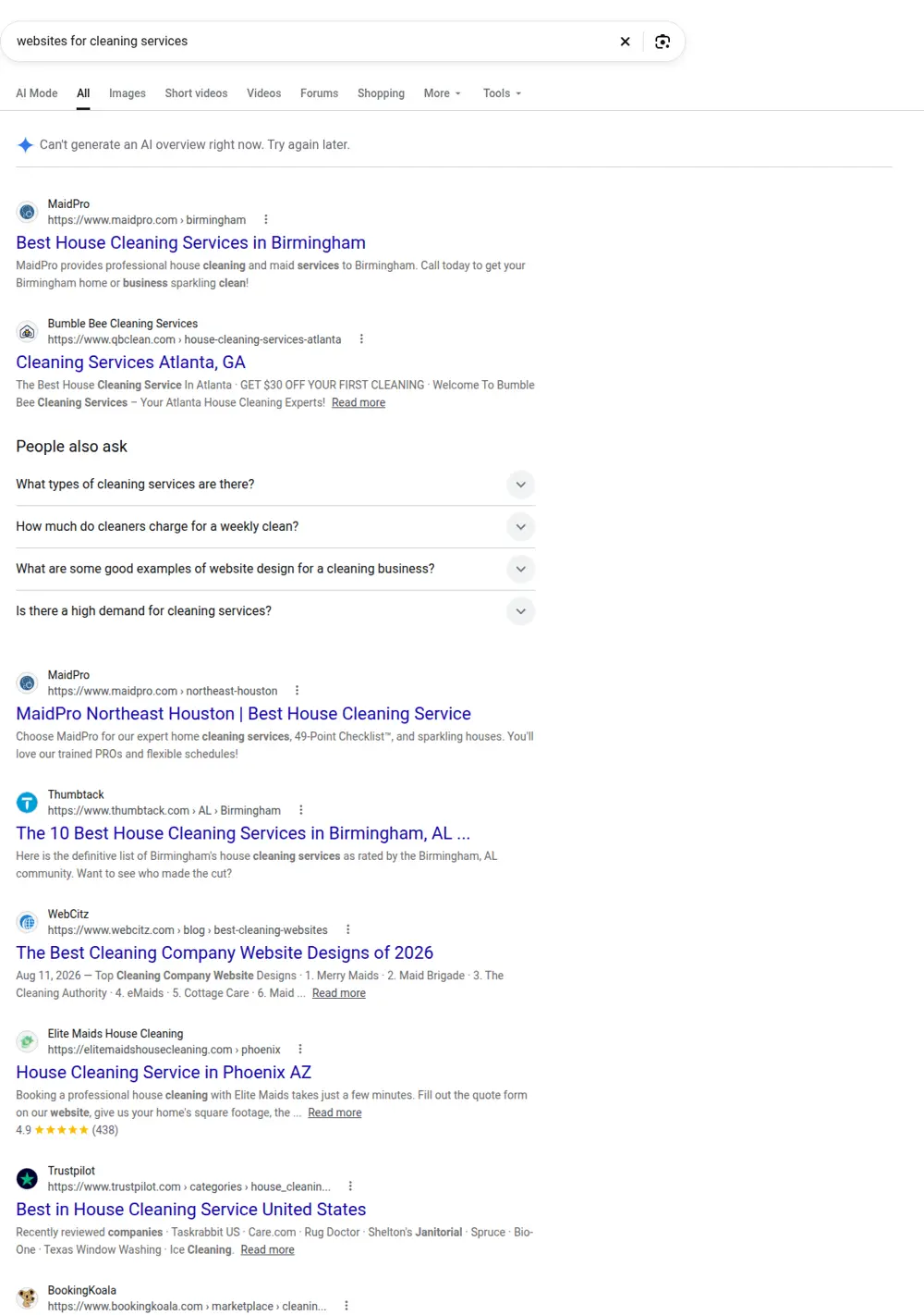 Top Google results for websites for cleaning services, searched from United States
