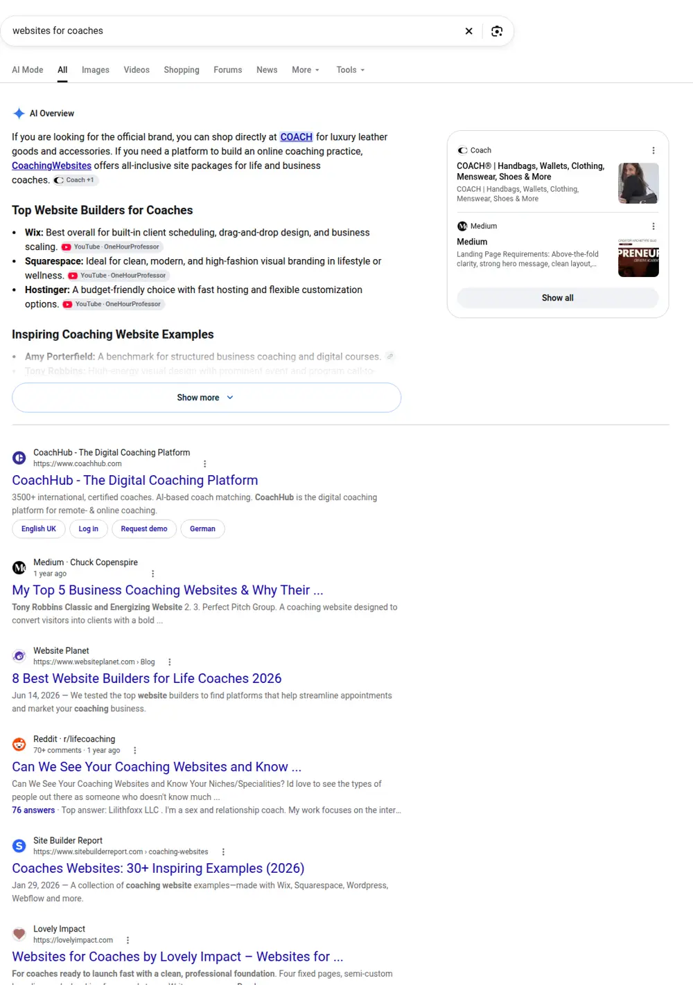 Top Google results for websites for coaches, searched from United States