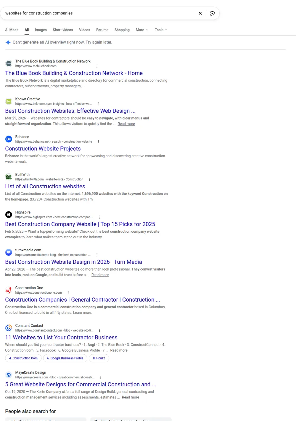 Top Google results for websites for construction companies, searched from United States