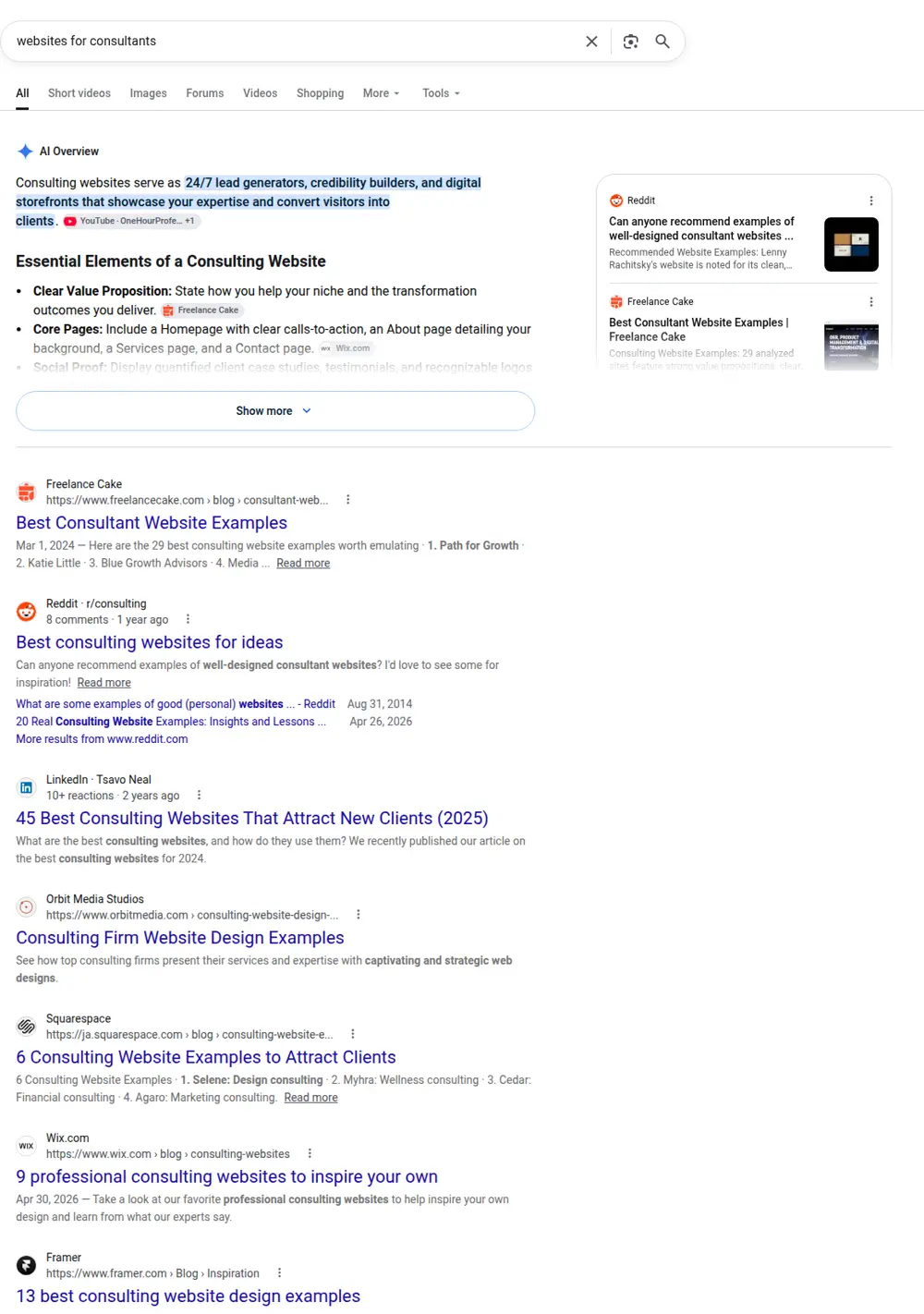 Top Google results for websites for consultants, searched from United States