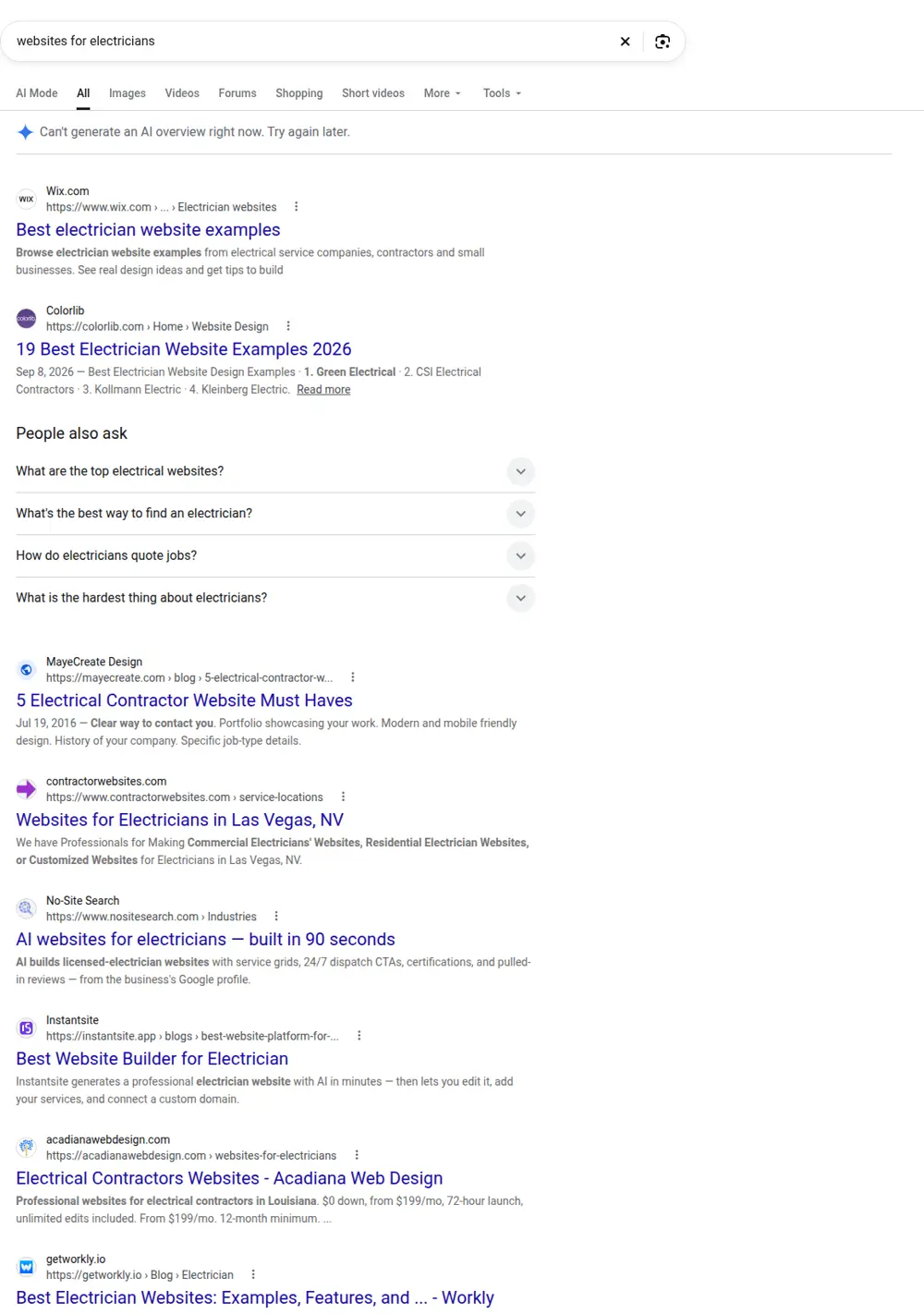 Top Google results for websites for electricians, searched from United States