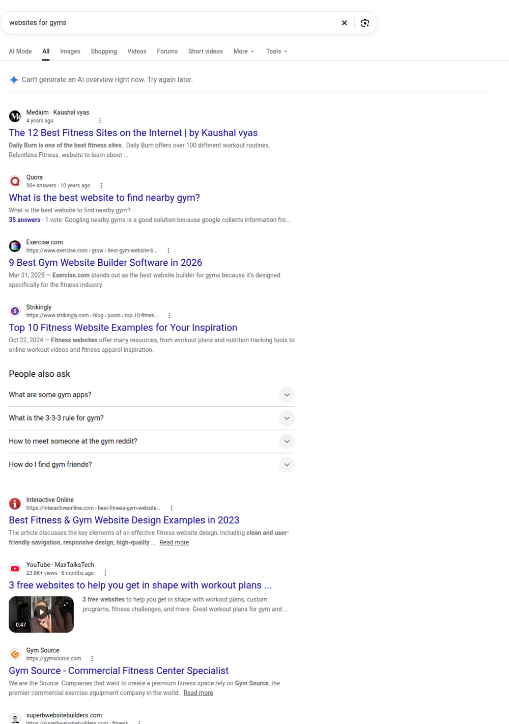 Top Google results for websites for gyms, searched from United States