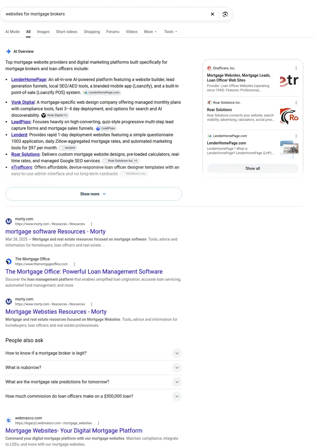 Top Google results for websites for mortgage brokers, searched from United States