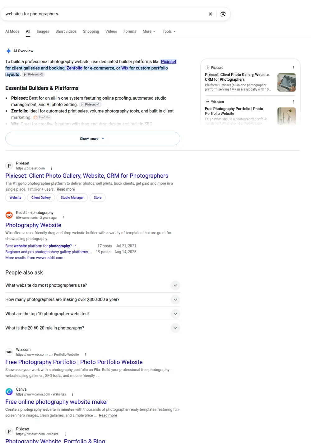 Top Google results for websites for photographers, searched from United States