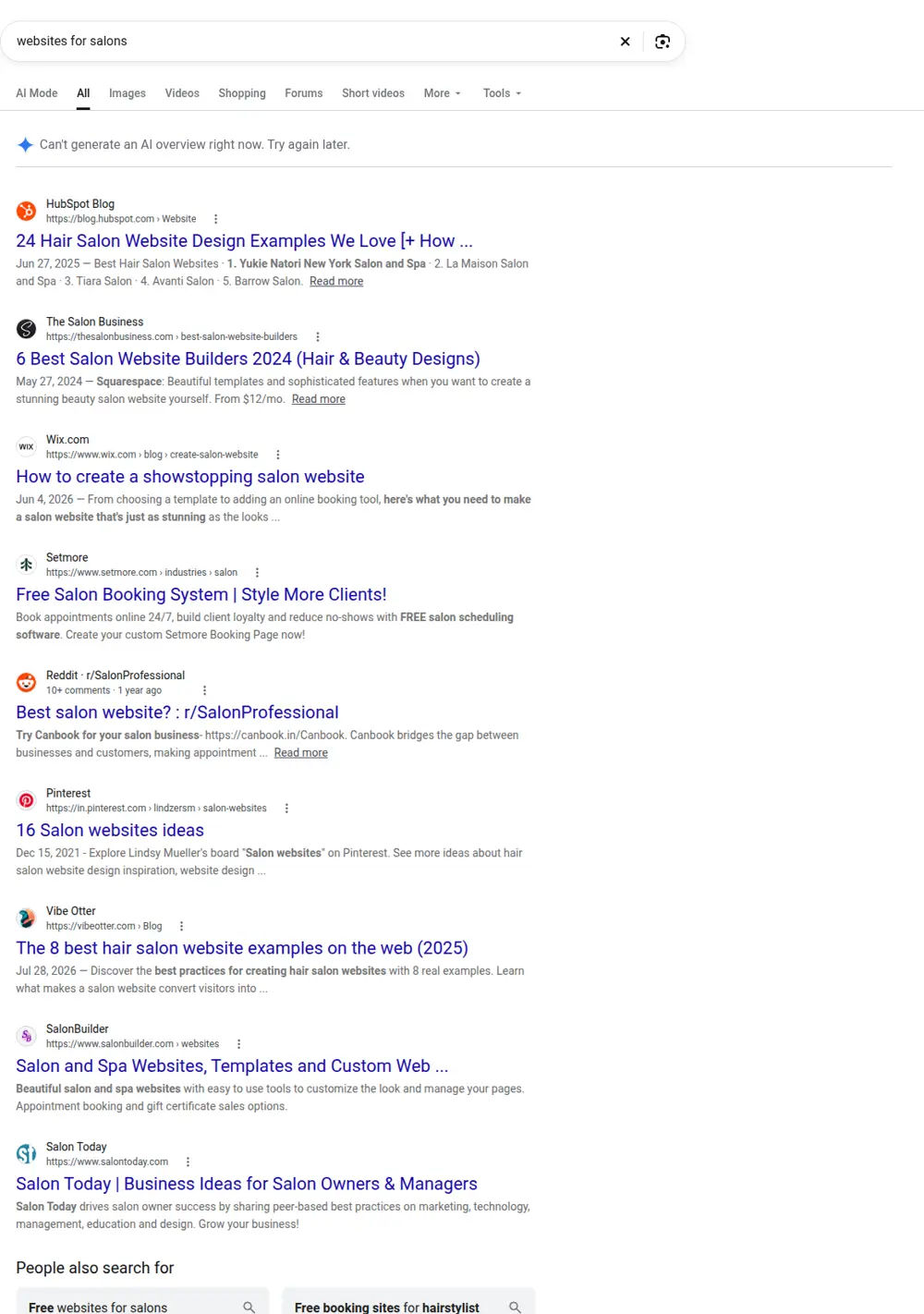 Top Google results for websites for salons, searched from United States