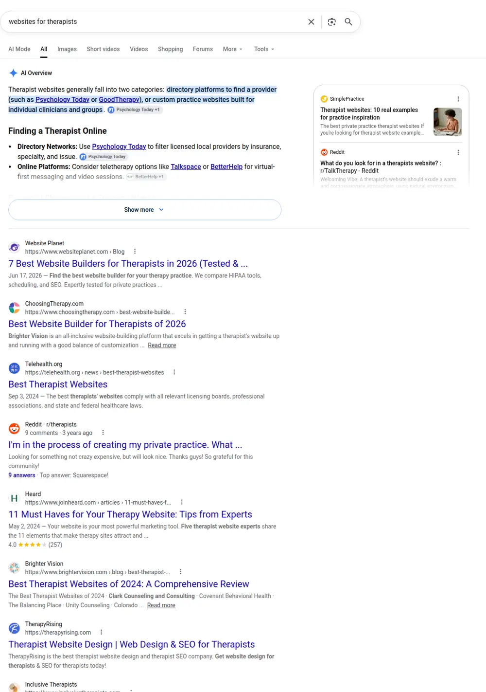 Top Google results for websites for therapists, searched from United States