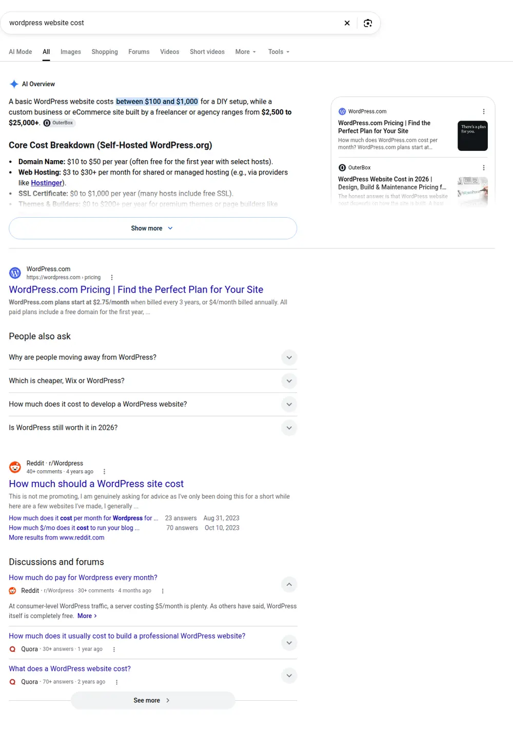 Top Google results for wordpress website cost, searched from United States